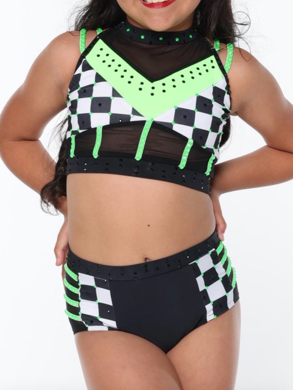 Custom Neon Green Checkerboard Jazz Dance Costume